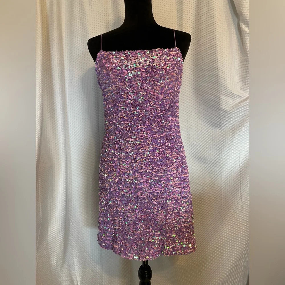 Lavender Purple Sequined Iridescent Sleeveless Stretch Mini Dress Size XL NWT
